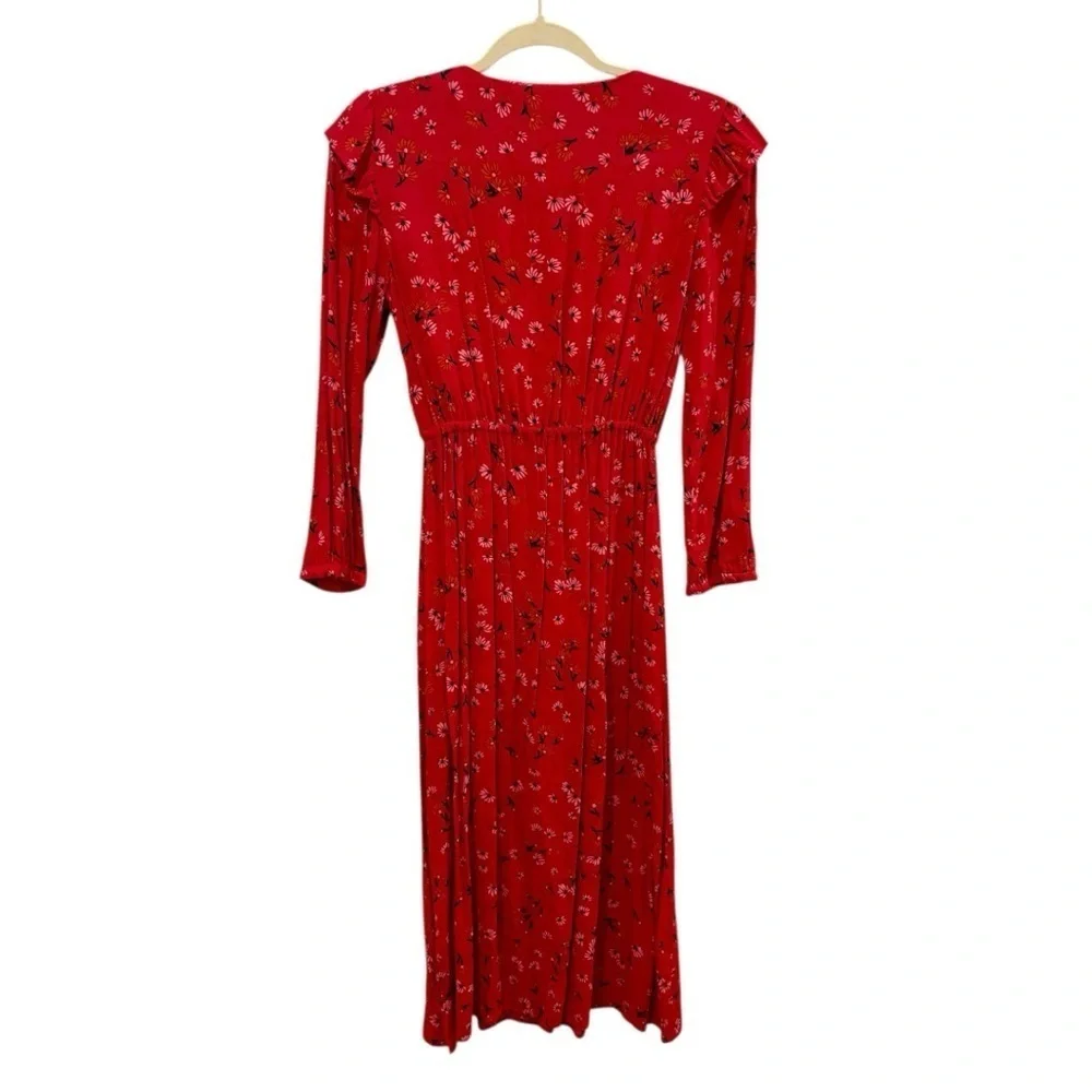 Tara Jarmon Red Midi Dress Women’s Long Sleeve Ruffled Button Front Floral 36